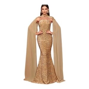 NEW Faeriesty Stretchy Strapless Gold Velvet, Sequin Dress W Cape Sz- L‎